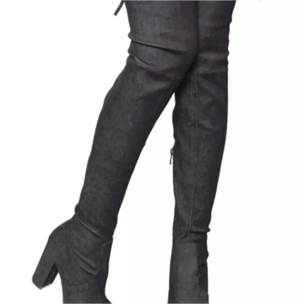 BLACK DENIM OVER THE KNEE BLOCK PLASFORM HEEL BOOT